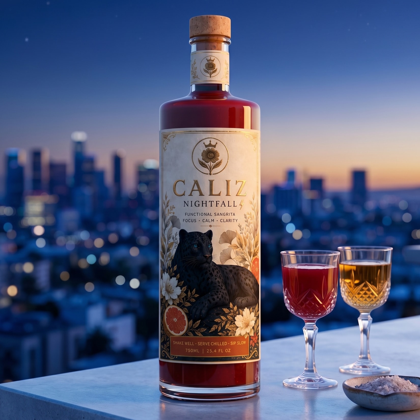CALIZ sangrita served alongside tequila at dusk
