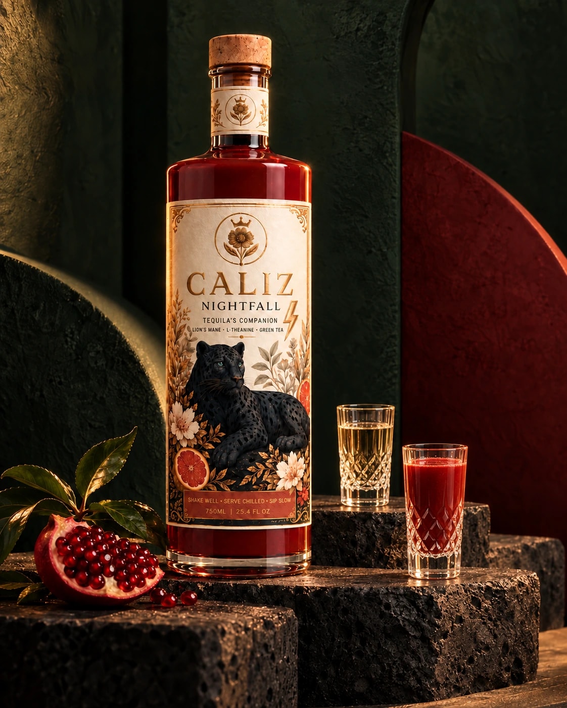 CALIZ Nightfall with opaque red sangrita in a crystal shot glass in front and tequila behind, on volcanic stone against deep green and burgundy plaster