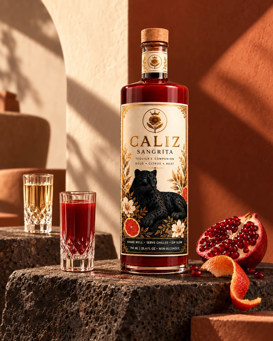 CALIZ Savory on volcanic stone with crystal shot glasses, opaque red sangrita in front, tequila behind, pomegranate, and citrus in warm sunlight