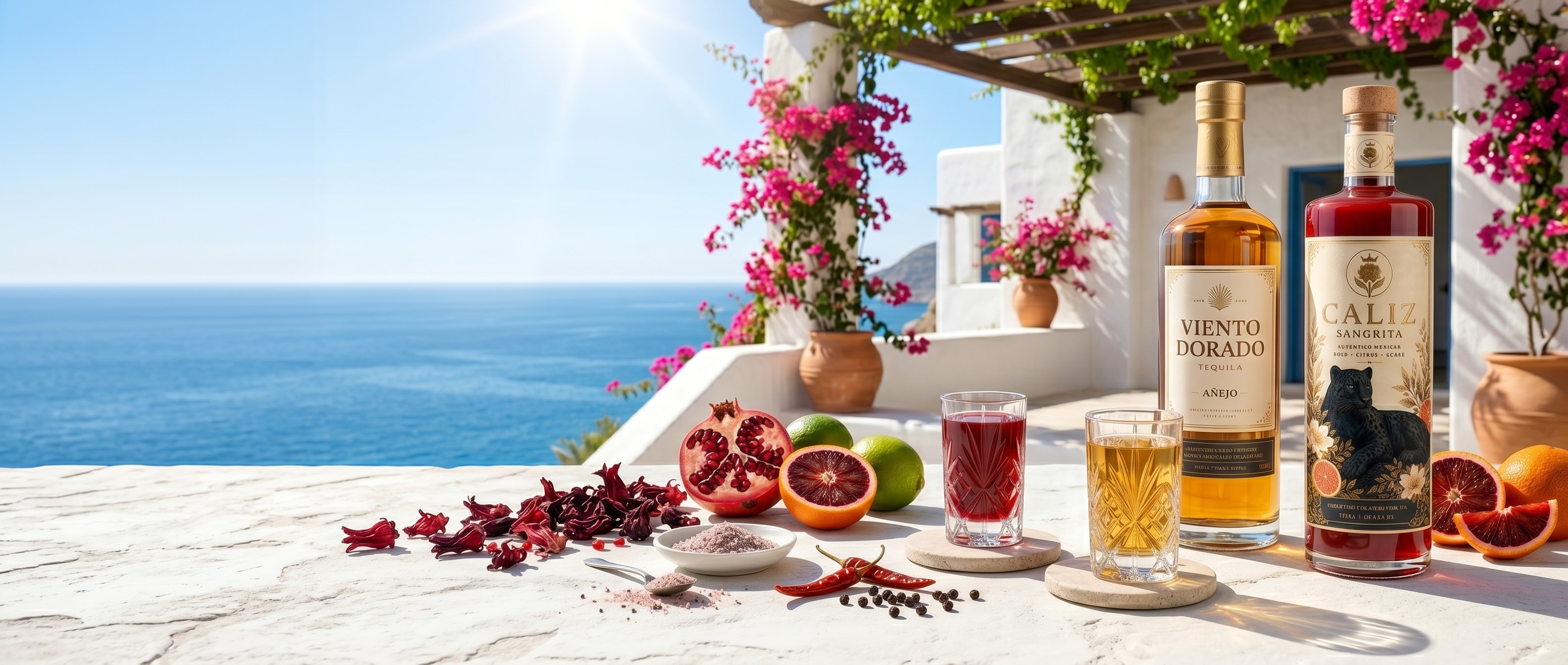 CALIZ Sangrita and tequila on a Mediterranean terrace overlooking the sea