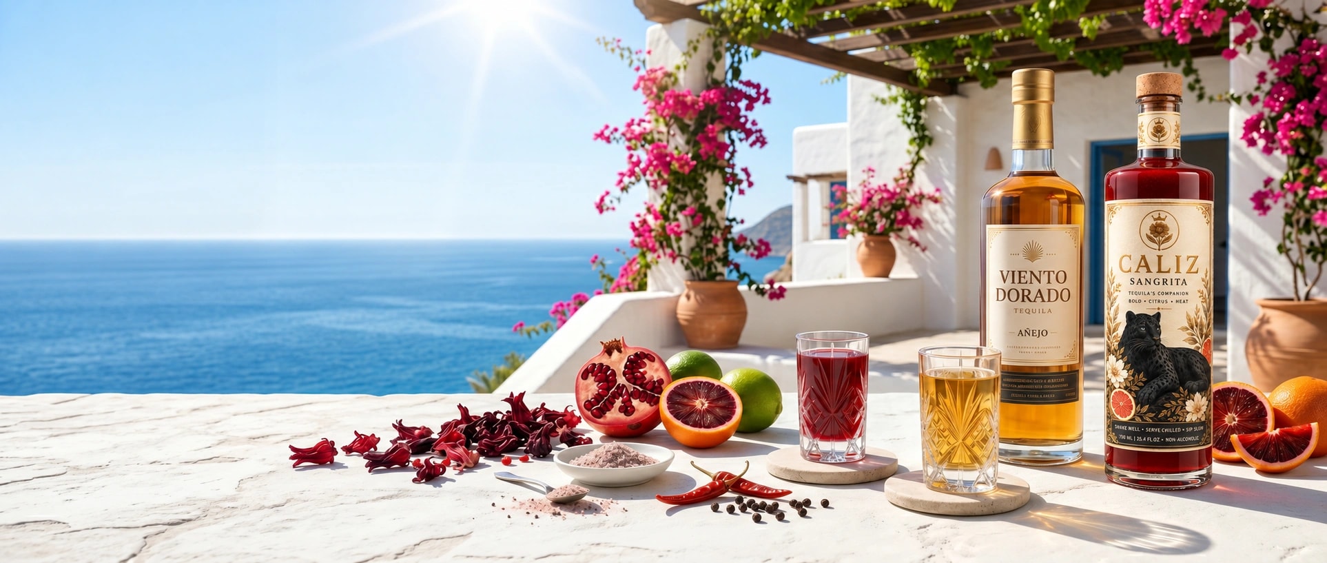 CALIZ Sangrita and tequila on a Mediterranean terrace overlooking the sea