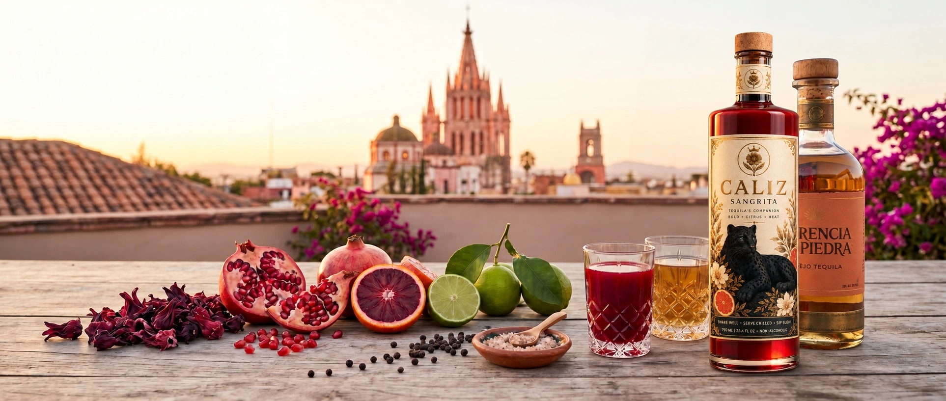 CALIZ Premium Sangrita with tequila overlooking San Miguel de Allende